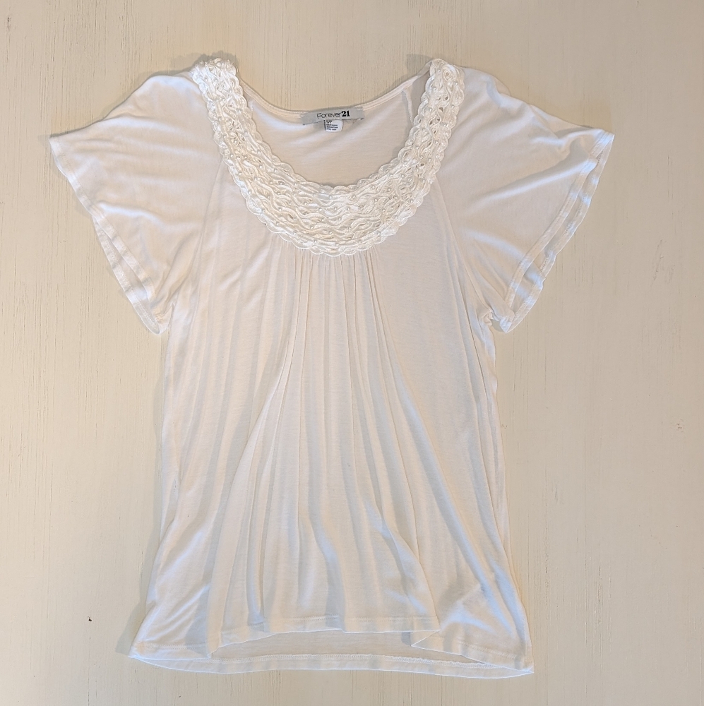 Forever 21 Cream Blouse with Pearl Neckline